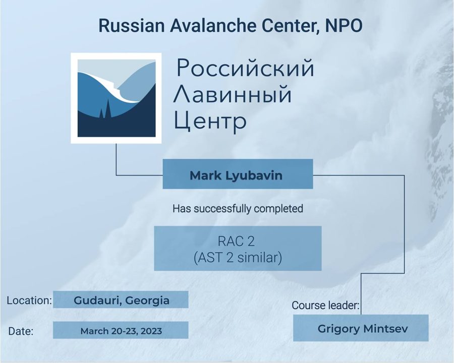 Russian Avalanche Center RAC 2 certificate